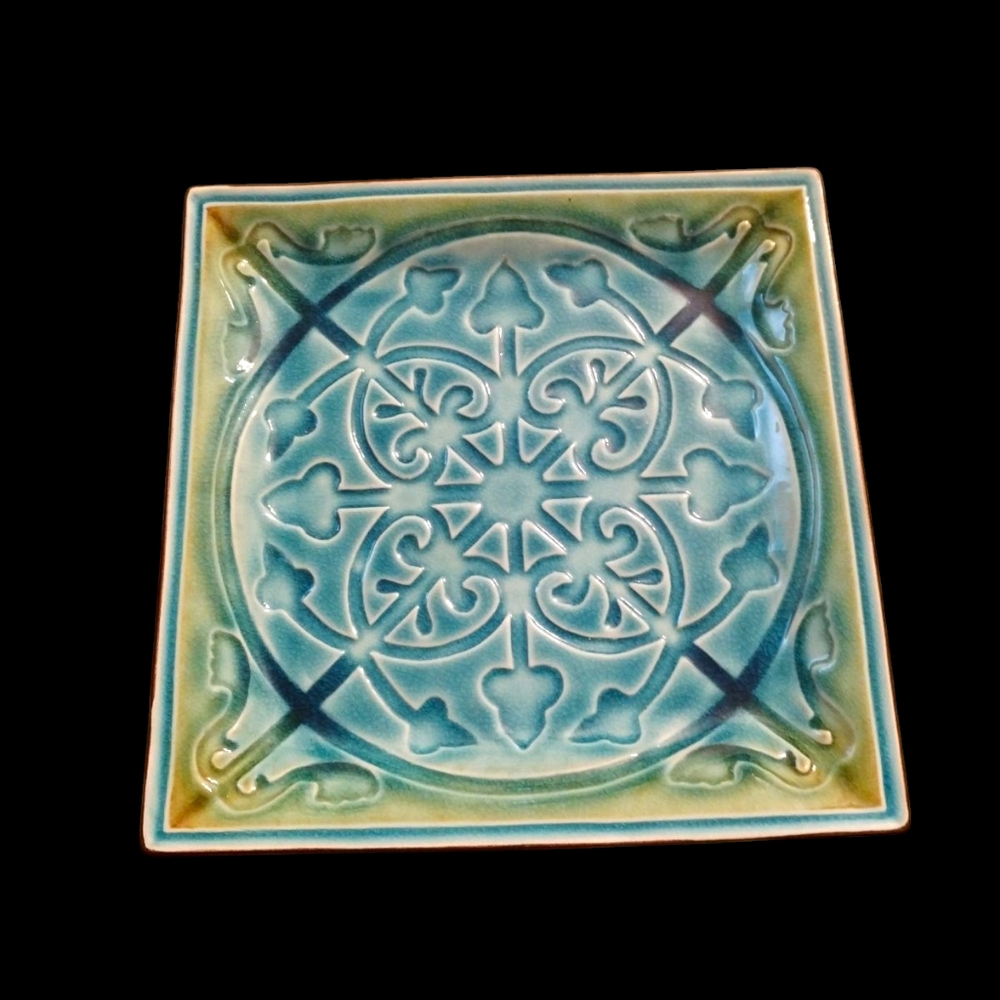 Roscher LORELEI Blue Green Moroccan Embossed 10 5/8” Square Dinner Plate-crazing